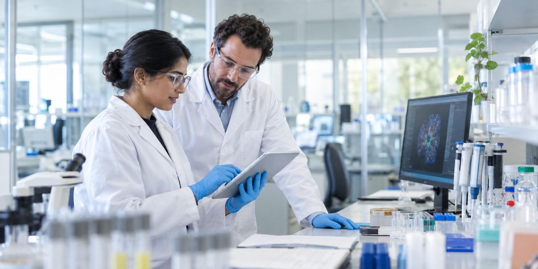 Researchers reviewing data together in a laboratory